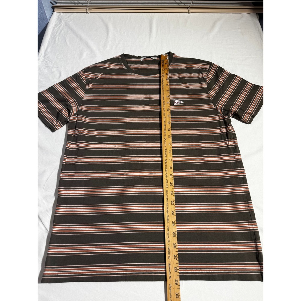 OLOW Mens XL Striped Short Sleeve T-Shirt Brown Orange Crew Neck Pennant Logo